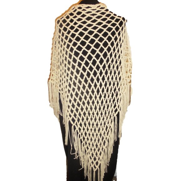 Shawl Crochet Handmade Ivory Fringed Fishnet Large - Picture 1 of 6